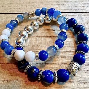 Set of 2 Stretch Bracelets – Lapis Lazuli & Blue Quartz w/ Silver Accents